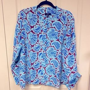 J. Crew 100% Silk Blue and Maroon print plus size blouse, size XXL, Never worn
